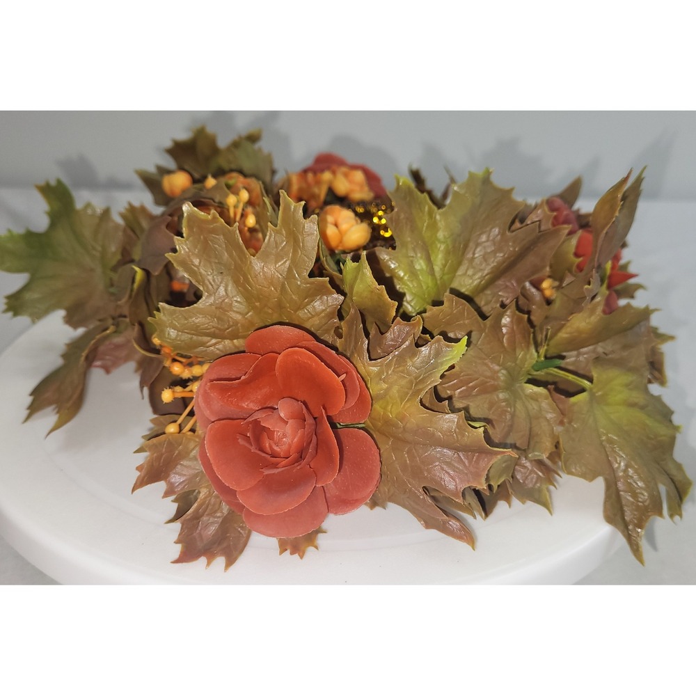 Autumn Floral Candle Ring Fall Decor Orange Brown Amber Holder Vtg Grannycore - Picture 4 of 12